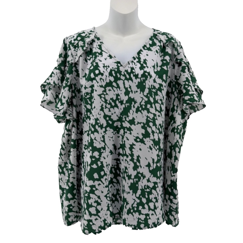 Lane Bryant Flutter Sleeve Blouse Green White Abstract Print Women 20 NWT